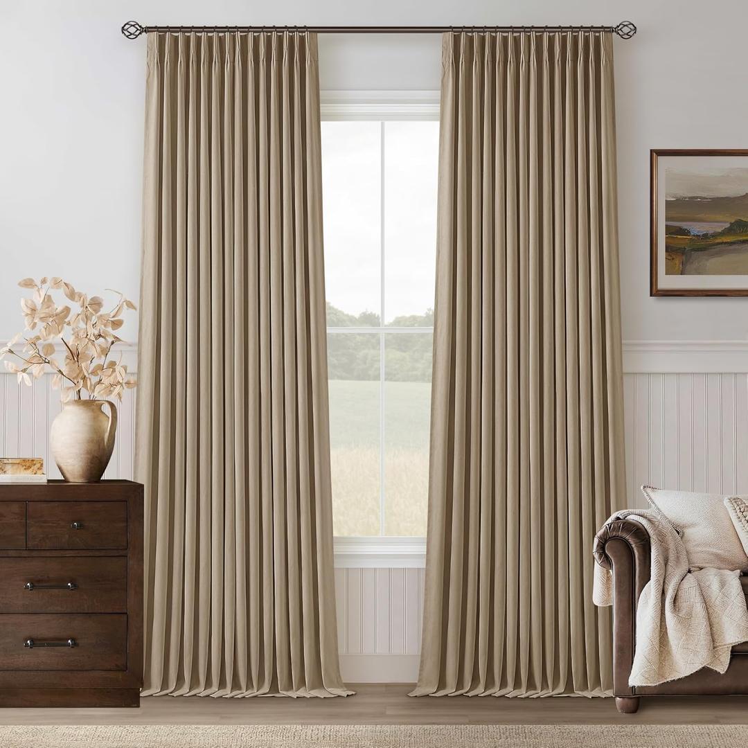 Light Brown Pinch Pleated 100% Blackout Linen Bedroom Curtains 96 Inch Length Double Layer Pleat Curtains Ring Hooks Back Tab Black Out Room Darkening Drapes 96 Inches Long Living Room Copper Coffee