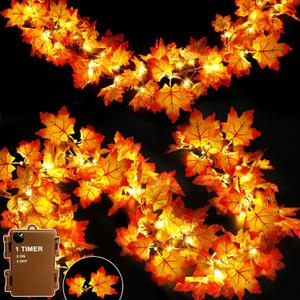 Timer & Thicker Leaves - 2 Pack Fall Garland with Lights Thanksgiving Fall Decorations for Home Total 80 Leaves 40LED 13Ft Battery Operated Lighted Thanksgiving Garland Home Indoor Outdoor Christmas
