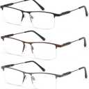 3 Pack Blue Light Reading Glasses for Men & Women, Semi-Rimless Lightweight Metal Readers, Spring Hinge Eyeglasses