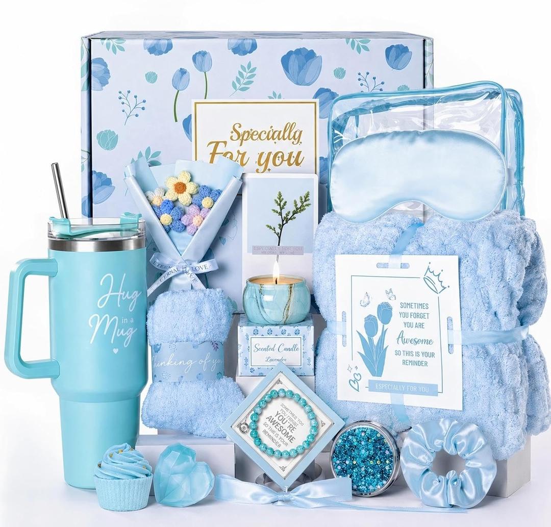 15 Pcs Get Well Soon Gift Baskets for Women, Mother's Day & Birthday Gifts for Mom, Wife, Friend, Care Package with Soft Blanket & Insulated Tumbler, Blue
