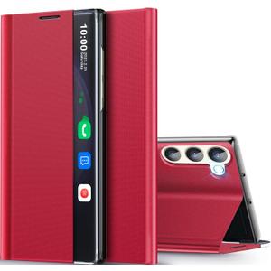 for Samsung Galaxy S23 5G Case Clear View Window Hard PC for Samsung S23 Phone Case Slim Mirror Kickstand Luxury Flip Shockproof Galaxy S23 5g Protective Cover (Red)