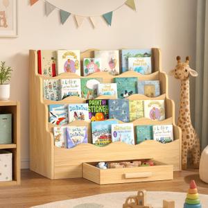 4-Tier Montessori Scalloped Kids Bookshelf with Drawer, 29.6" Wide