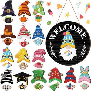 Quonclay Interchangeable Wooden Gnome Decor Holiday Seasonal Gnome Decorations with Magnet Pieces and Detachable Hats Changeable Welcome Sign for Home(Black Style)
