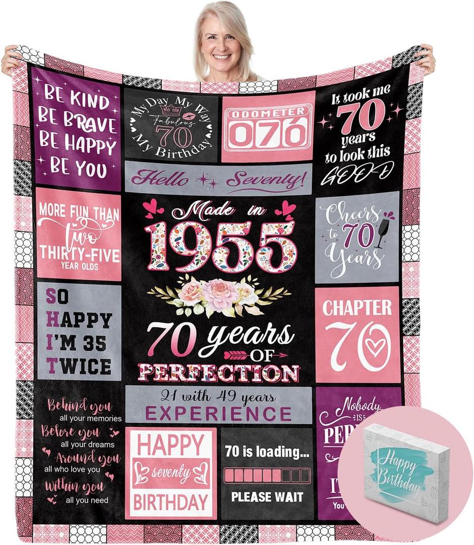 70th Birthday Gifts for Women, 70th Birthday Blanket Gifts for 70 Year Old Woman, Womens 70th Birthday Gifts, 70 Year Old Birthday Gifts for Women, 1955 Birthday Gifts for Women