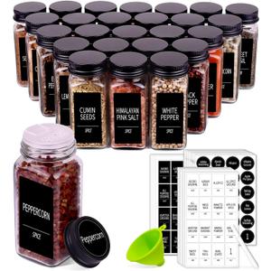 Churboro 25 Spice Jars with 547 Labels- Glass Spice Jars with Black Metal Caps, 4oz Empty Spice Containers with Shaker Lids, Funnel, Chalk Pen, Square Seasoning Bottles for Spice Rack, Drawer, Cabinet