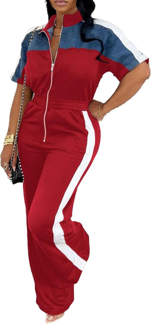 Women's Color Block Zip Up Jumpsuit Casual Short Sleeve Elastic Waist Wide Leg Pant One Piece Rompers Sportswear, Size S (Red)
