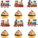 24Pcs Transportation Trains Cupcake Toppers Cartoon Vintage Locomotiv Cupcake Picks for Retro Train Boys Girls Funny Birthday Party Baby Shower Cupcake Decorations Train Transportation Party Decors (Red)