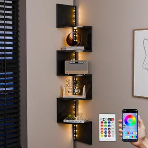 HAAYOT Corner Shelf Wall Mounted: 5-Tier Floating Shelves with Lights for Living Room, Bedroom, Home Office, Black