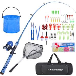 LEOFISHING Kids Fishing Pole Set with Full Starter Kits Portable Telescopic Fishing Rod and Spincast Reel with a Fishing Net and Bucket for Boys Girls and Youth, Medium
