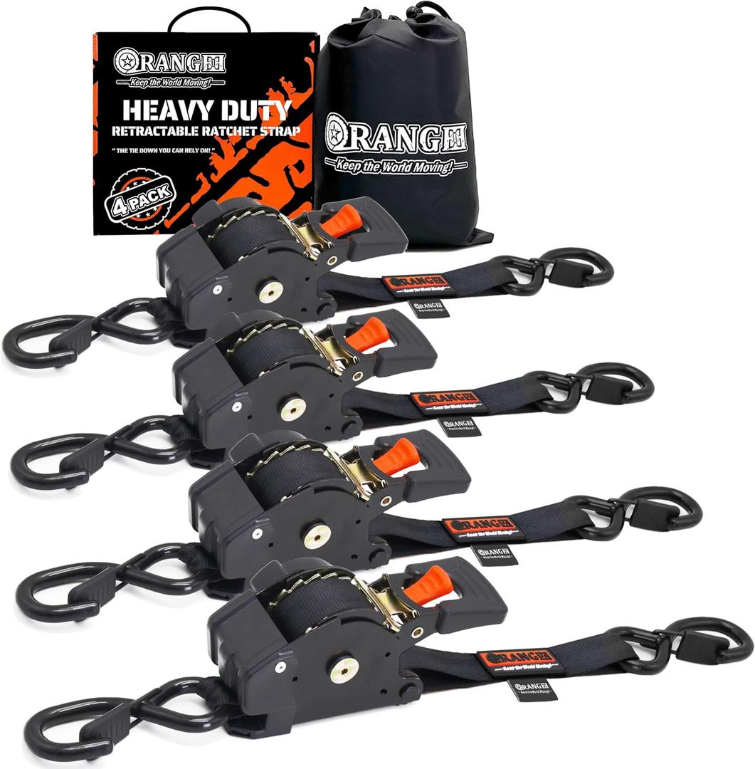 ORANGEE 4 Pack Heavy Duty Auto Retractable Ratchet Strap 1IN x 10FT Perfect for Securing Cargo, Motorcycle & Boats Min. Breaking Strength 2,000LBS Per Strap - Black