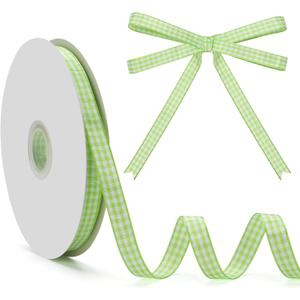 Gingham Ribbon, Light Green and White Plaid Checkered Ribbon 3/8 inch x 50 Yards, Light Green Buffalo Checker Ribbons for Gift Wrapping, Hair Bows, Picnic, Crafts, DIY Accessories