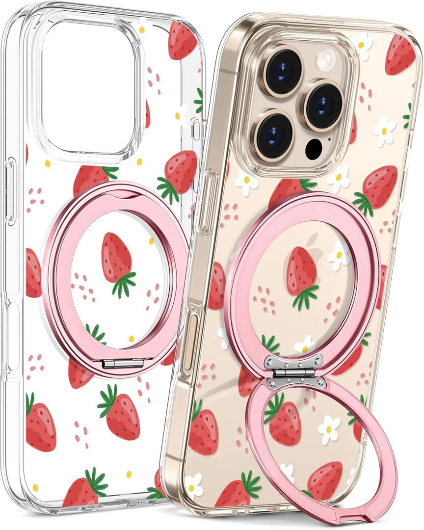 Loheckle for iPhone 16 Pro Case with Stand- Compatible with MagSafe Women Girls Cute Clear Girly Aesthetic Unique Design Soft TPU Magnetic Ring Phone Cover for Apple 16 Pro, Strawberry