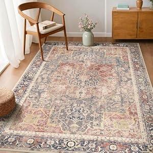 Kokia 5x7 Area Rugs for Living Room, Machine Washable Non Slip Vintage Boho Rugs, Low Pile Distressed Medallion Print Rug for Bedroom, Dining Room Brick Red 5 x 7