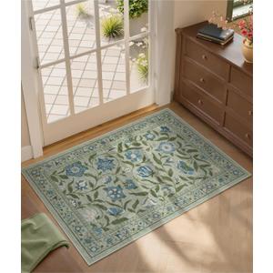 Collive Washable Entryway Rugs, Green 2 x 3 Spring Floral Rug Modern Soft Kitchen Carpet Non Slip, Vintage Bathroom Mats Stain Resistant Inside Front Door Mat for Entrance, Bedroom