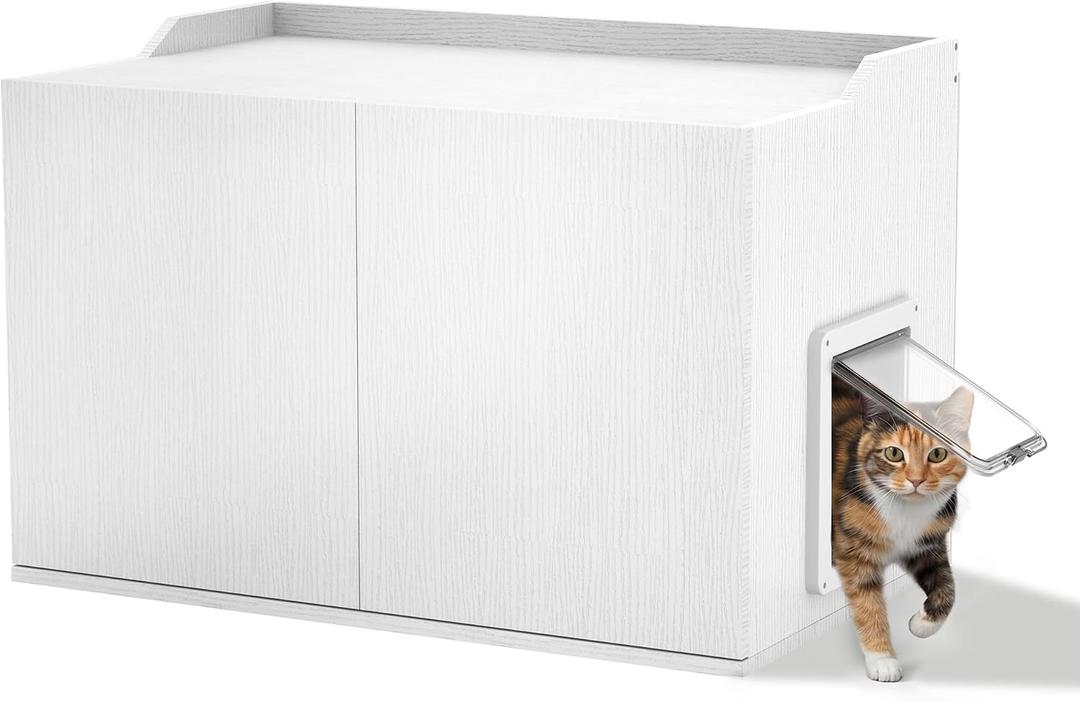 Cat Litter Box Enclosure Furniture with Cat Door, Extra Large Hidden Litter Box Cabinet for XL Boxes, 31.5" L x 19.8" W x 21.1" H, Wooden Cat Box Furniture Odor Control, White