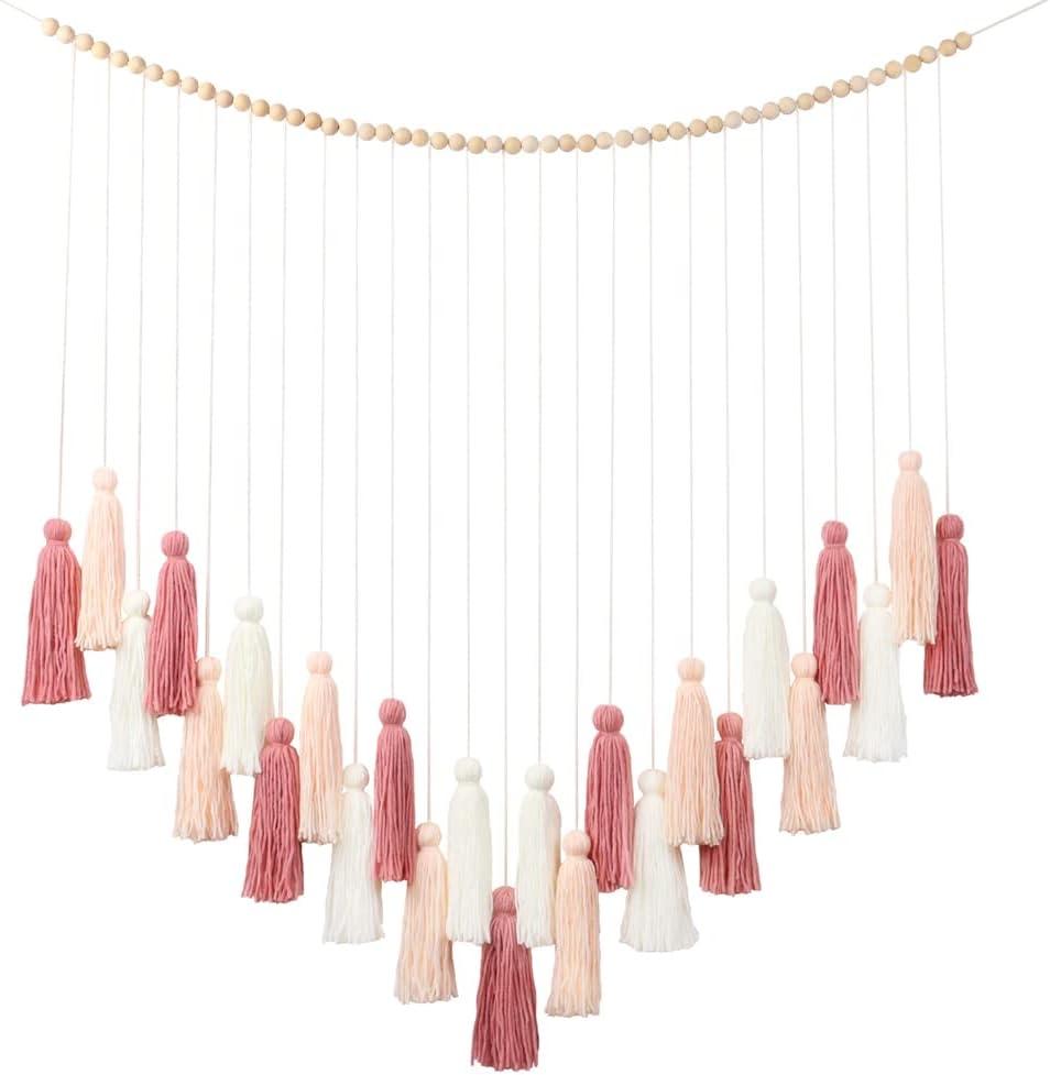 DrCor Blush Pink Boho Macrame Wall Hanging Handmade Rose Gold Tassel Decor for Nursery, Dorm, Baby Shower, Wedding, Cozy Home or Classroom Display