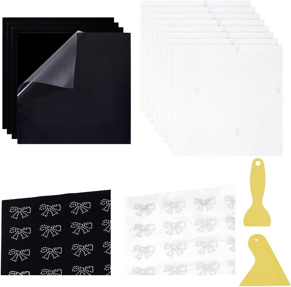 NBEADS 1Set Rhinestone Flock Sticky Template Material, 8Pcs 12"x12" Rhinestone Heat Transfer Papers 4Pcs Flocking Heat Transfer Film and 2Pcs Plastic Scraper for Cloth DIY Design