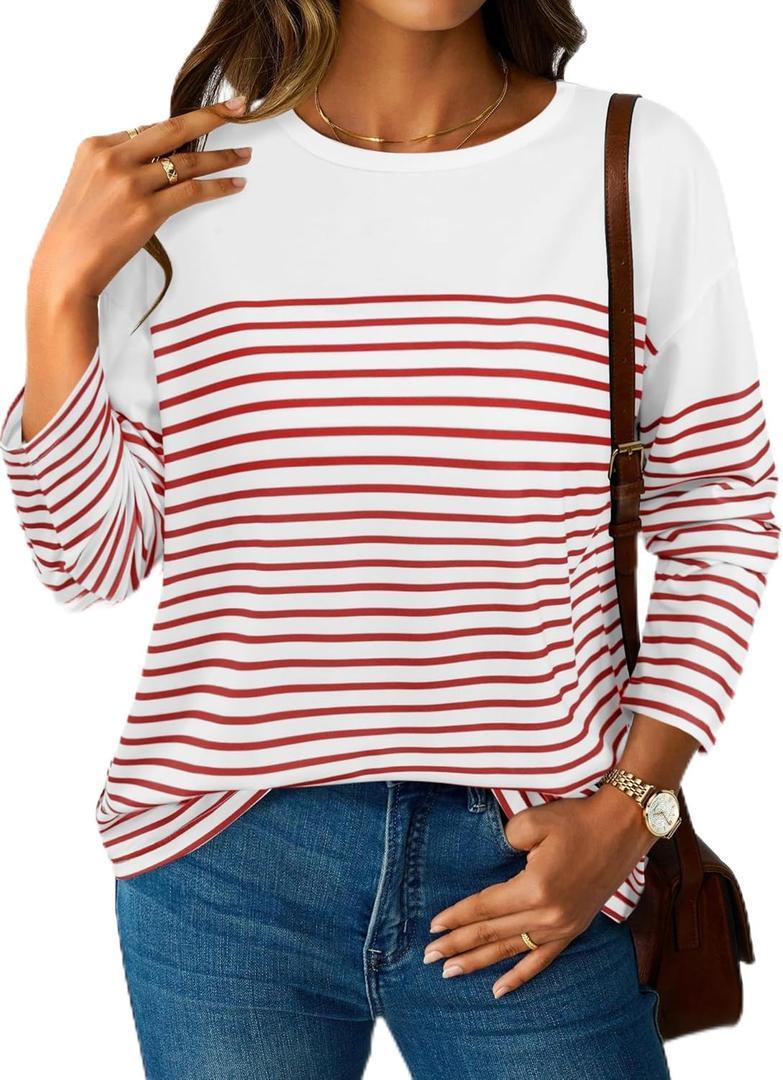 LilyCoco Womens Oversized Striped Shirt Color Block Crewneck Long Sleeve T Shirt Pink Medium