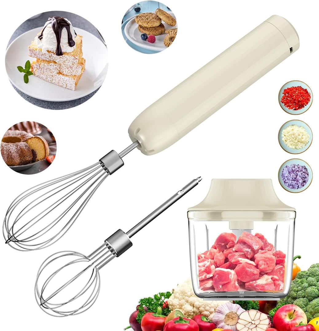 Cordless Hand Mixer, Electric Whisk, Hand Held Mini Mixers,Rechargeable Hand Mixer and Whisker,Food Chopper,Food Processor for Cooking, 4-Speed,10Oz