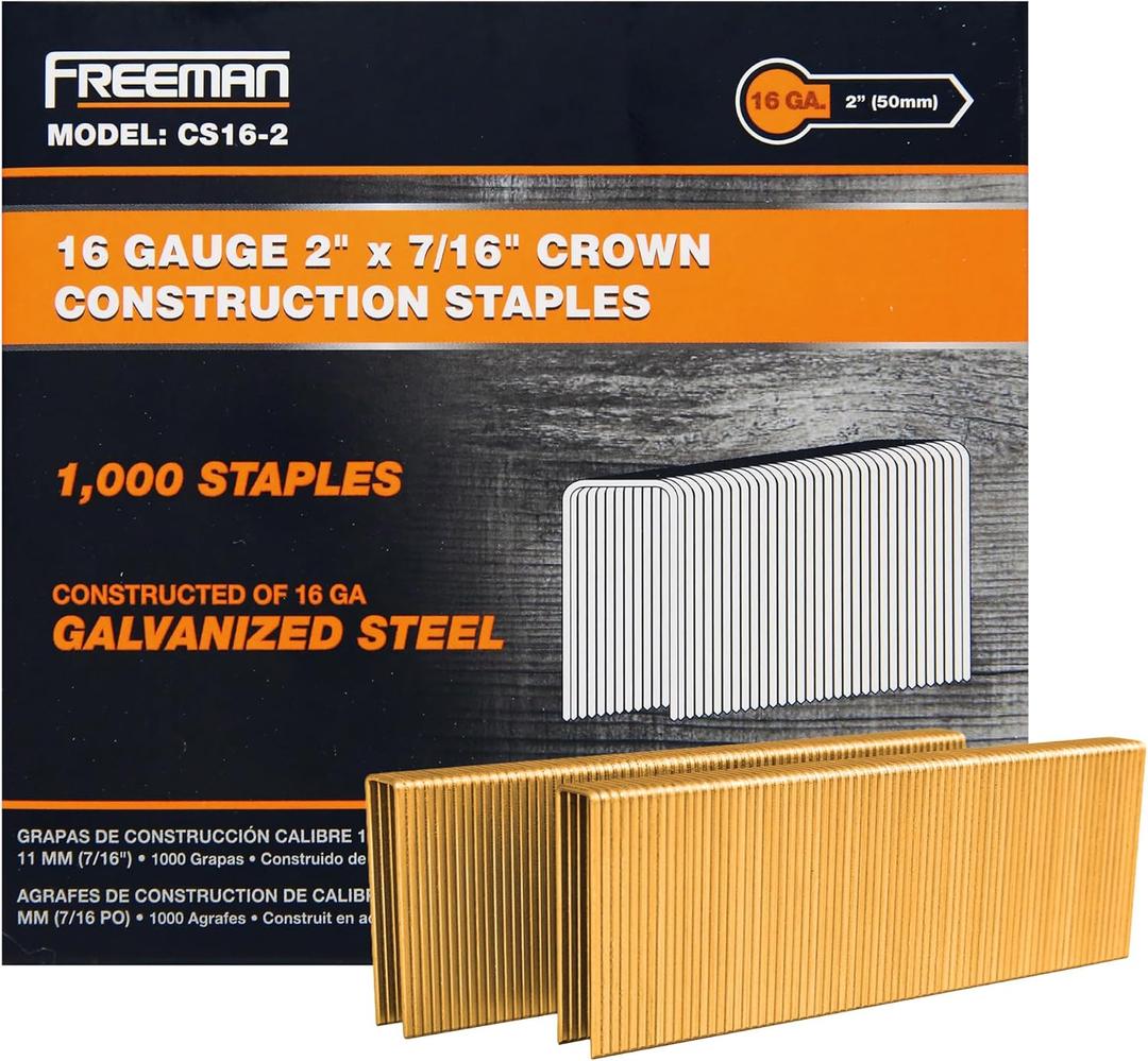 Freeman 16-Gauge Medium Crown Construction Staples | 2" | Glue Collated | Galvanized Steel | 1000 Count | Indoor and Outdoor | Sheathing, Roof Decking, Subfloors and Heavy-Duty Stapling | CS16-2
