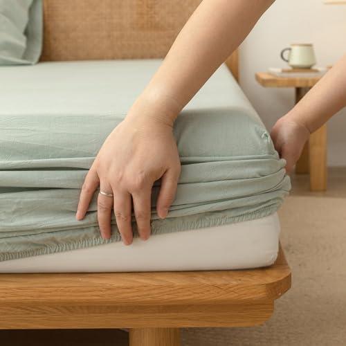 BESTOUCH King Fitted Bottom Sheet - 100% Washed Cotton Linen-Like, Deep Pocket Fits up to 17" Mattress, All Season Breathable, Softer with Every Wash Sage Green