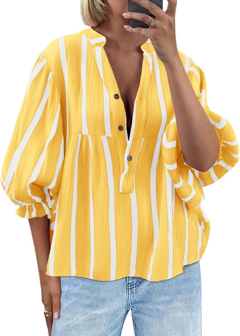 Tankaneo Womens Puff Sleeve Babydoll Tops Summer V Neck Striped Blouse Cute Casual Loose Fit Flowy Shirts (Yellow, L)