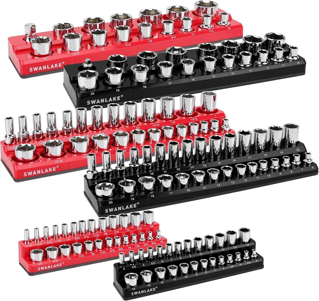 6-piece Magnetic Socket Organizer Set, Metric & SAE Drive Socket Holder, Includes 1/4", 3/8", 1/2", Holds 143 Pieces Magnetic Trays Red Black