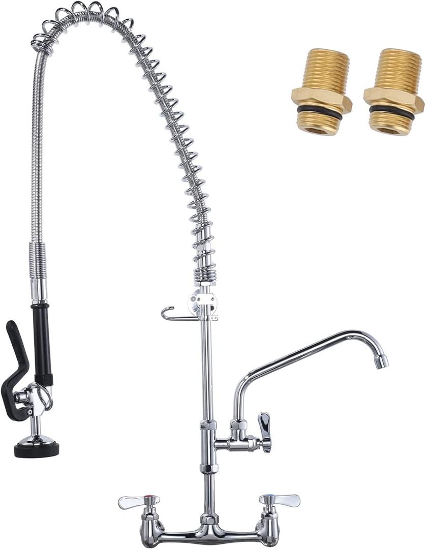 Commercial Kitchen Faucet Wall Mount with Pre-Rinse Sprayer 36" Height Wall Mount Kitchen Sink Faucet 8 Inch Center with 10" Add-on Swing Spout Faucet & Coiled Spring Pull Down Spray (Polished Chrome)
