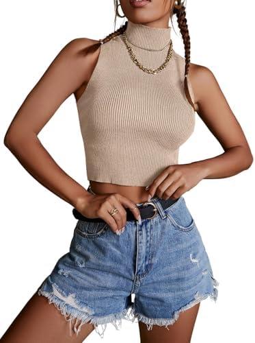 Verdusa Women's Crop Tops Old Money Clothes Sleeveless High Mock Neck Knit Fitted Basic Tank Top Large