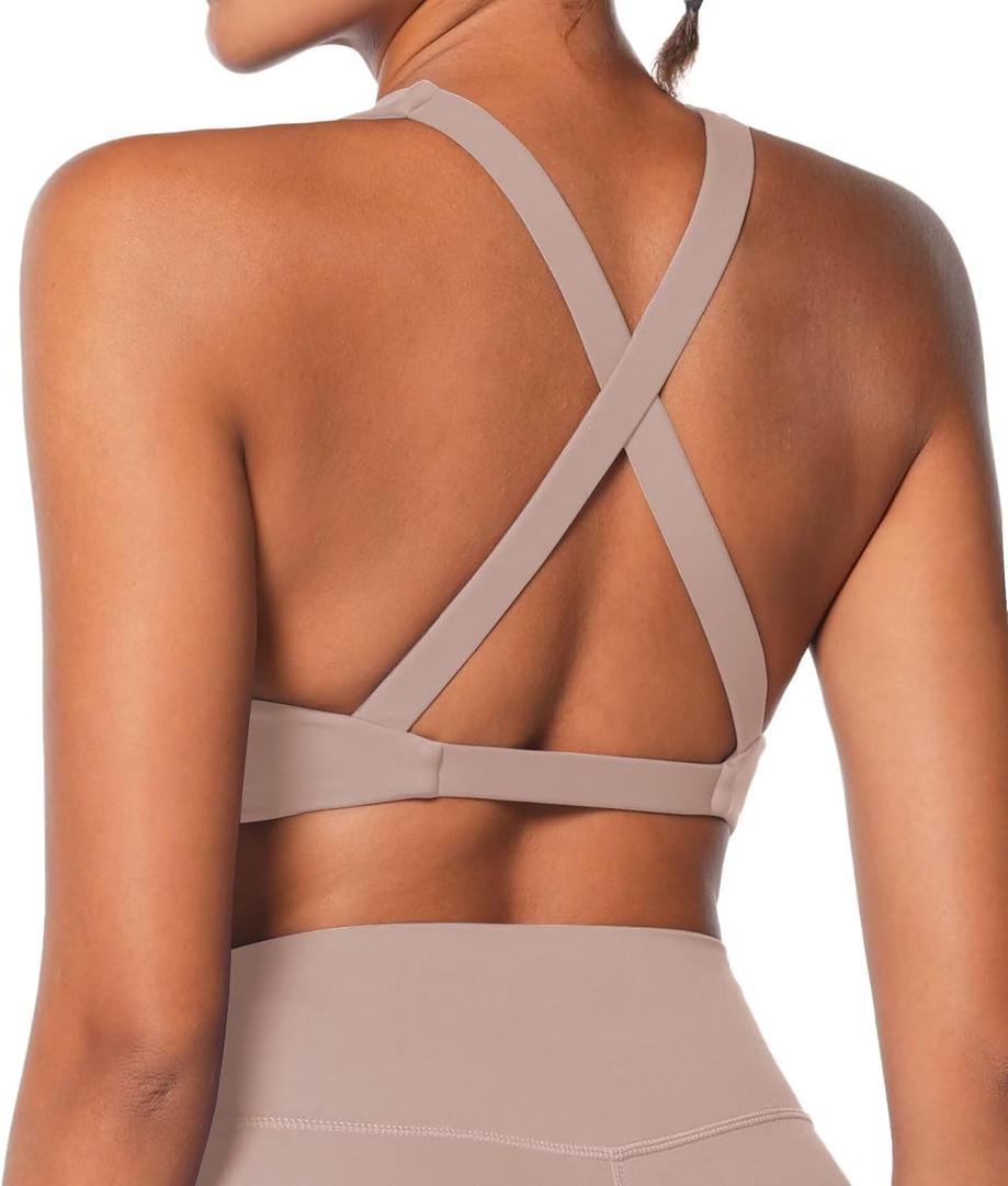Sunzel Women's Sports Bra Criss Cross Back Yoga Crop Top with Removable Pads Double Lined V Neck Wirefree Padded Workout Bra (Beige, XS)