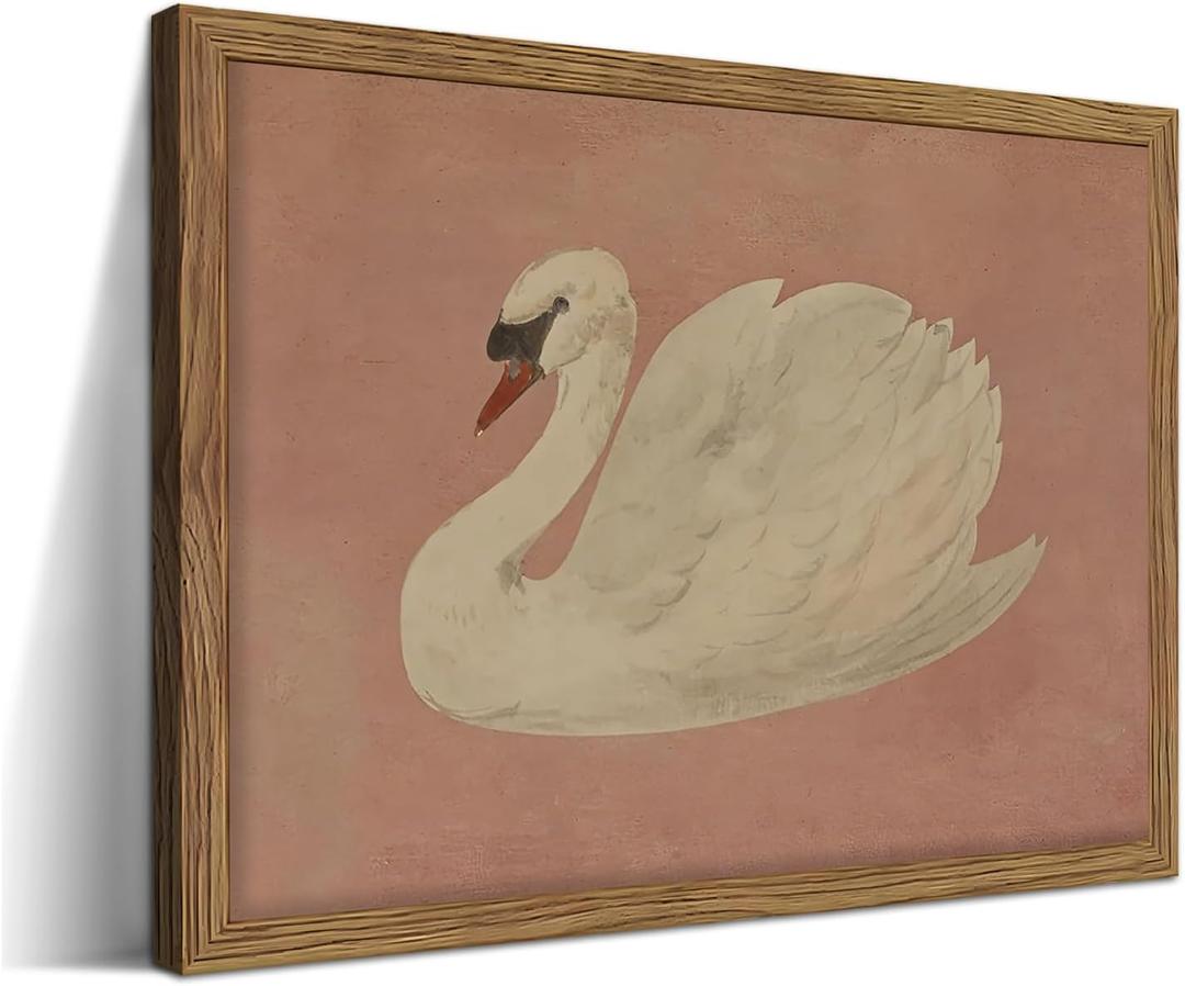 Vintage Framed Wall Art, Modern Pink Grace Swan Canvas Wall Decor Painting, Retro Animal Rustic Farmhouse Artwork Prints Pictures for Living Room Bedroom Bathroom 16x24 Inch