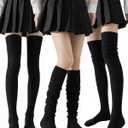 Women's Thigh High Socks - Over The Knee, Cable Knit Warm Boot Socks, Stretchy Cotton Blend Long Sock for Women (7, Black Black)