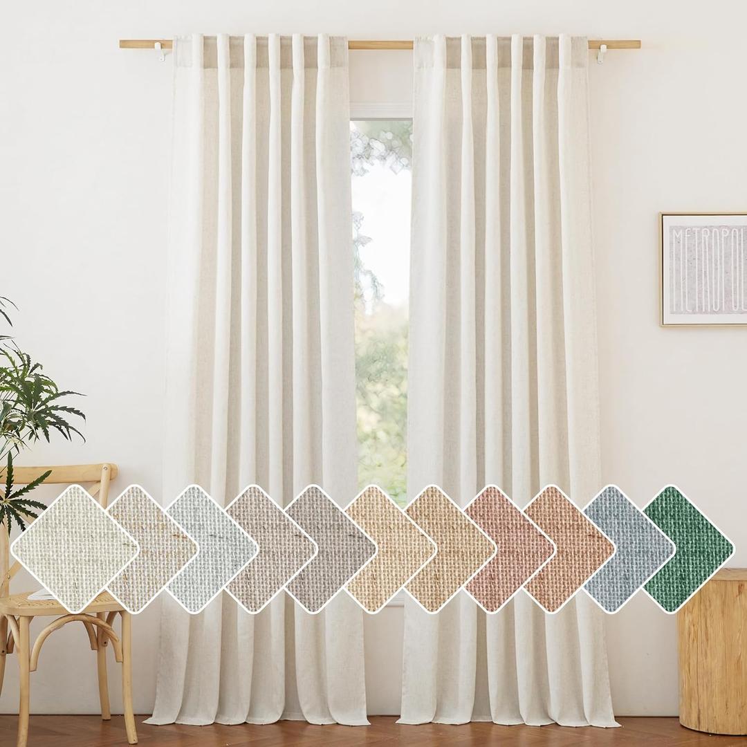 NICETOWN Natural Linen Bedroom Curtains 102 inches Long, Rod Pocket & Back Tab Thick Flax Window Treatments Privacy Assured with Light Filtering for Living Room, W55 x L102, 2 Panels