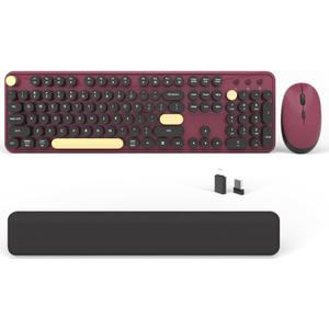 Wireless Computer Keyboards Mouse Combos, COVEVA Colorful Typewriter Retro Keyboard with Round Keycaps, USB Keyboard and Mouse Set 2.4GHz Full-Size Wireless Keyboard and Optical MouseBlack-Claret