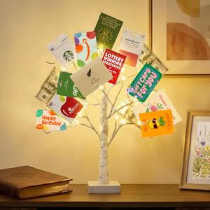 EAMBRITE Money Tree Gift Holder, Lighted Birch Tree 2FT 24LED, Battery/USB Powered Timer Light Up Display Twig Gift Card Tree with 12 Clear Clips and 6 Cards for Home Christmas Graduation Photo Memo