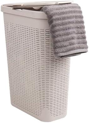 Mind Reader 40L Slim Laundry Hamper, Clothes Basket, Lid, Wicker Design, Plastic, 18"L x 10.4"W x 23.5"H, Ivory