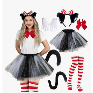 Womens Cat Costume Set, Red White Striped Furry Ear Headband & Tutu Halloween Spirit Day Cosplay Outfits Accessories (Red Striped)