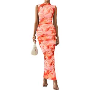 PRETTYGARDEN Women's Summer Maxi Floral Dresses Ruched Bodycon Sleeveless Mesh Formal Wedding Guest Cocktail Split Long Dress, Large