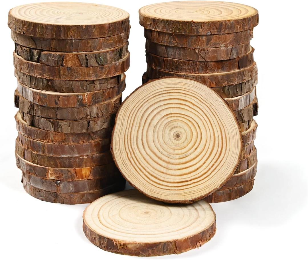 50 Pack Natural Wood Slices 3.5-4 Inches, Unfinished Wood Circles with Bark Edge, Rustic Wood Rounds for Crafts, Coasters, Centerpieces & Home Decor