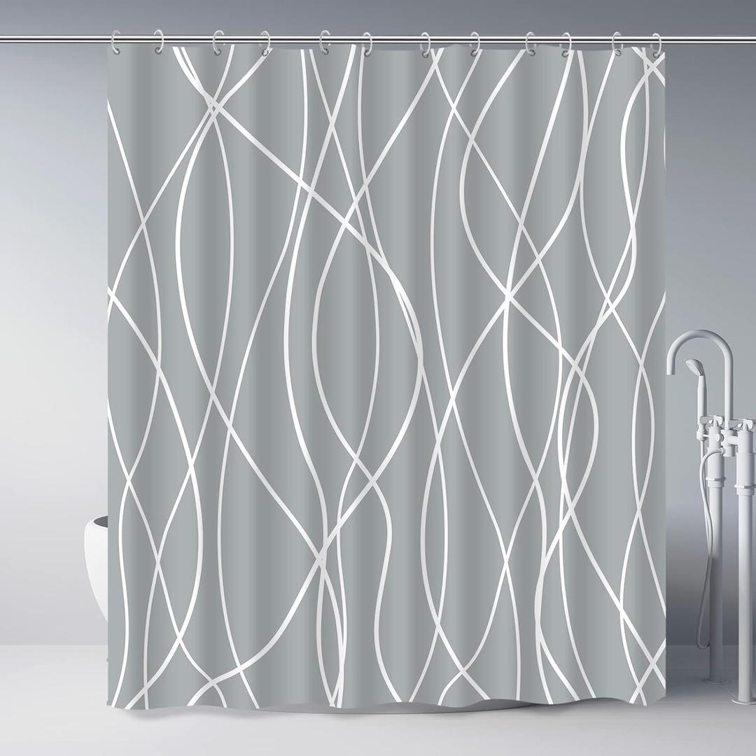 Light Grey Shower Curtain for Bathroom with Hooks, Shower Curtain Set Stripe Bath Curtains Decorative White Shower Curtains Weighted Hem Water Repellent Washable, 72 x 72