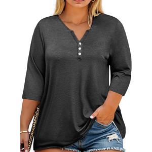 Beautife Womens Plus Size T-Shirts V Neck 3/4 Sleeve Tops Fall Henley Shirts Casual Basic Loose Fit Blouses (Gray, XL Plus)