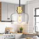 Emak 2 Pack Black Gold Pendant Lights Kitchen Island, Modern 8 Inch Clear Glass Pendant Light, Farmhouse Island Lights for Kitchen, Bathroom, Dining Room, PL122-BKBGD-CG-2PK