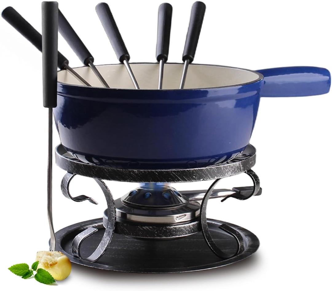 Artestia Cast Iron Fondue Pot Set for Cheese & Chocolate, Fondue Set for 6 with Burner & 6 Forks, Swiss Fondue Pot for Party, Family & Gift, Blue