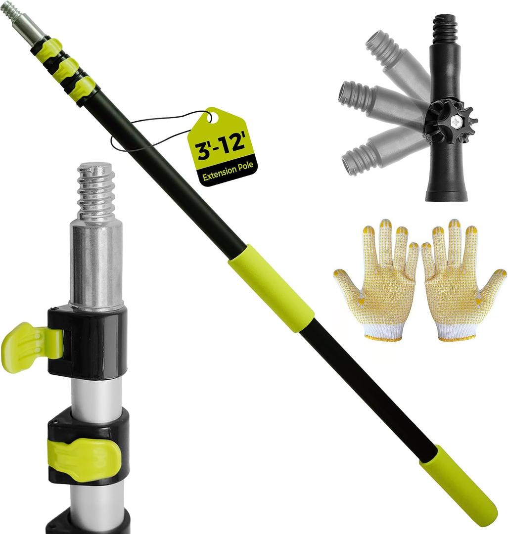 3-12ft Telescopic Extension Pole,Multi-Purpose Extension Pole with 180 Universal Thread Head, Black Oxide Aluminum Extendable Pole with Flip-Lock, for Painting,Dusting,Window Cleaning