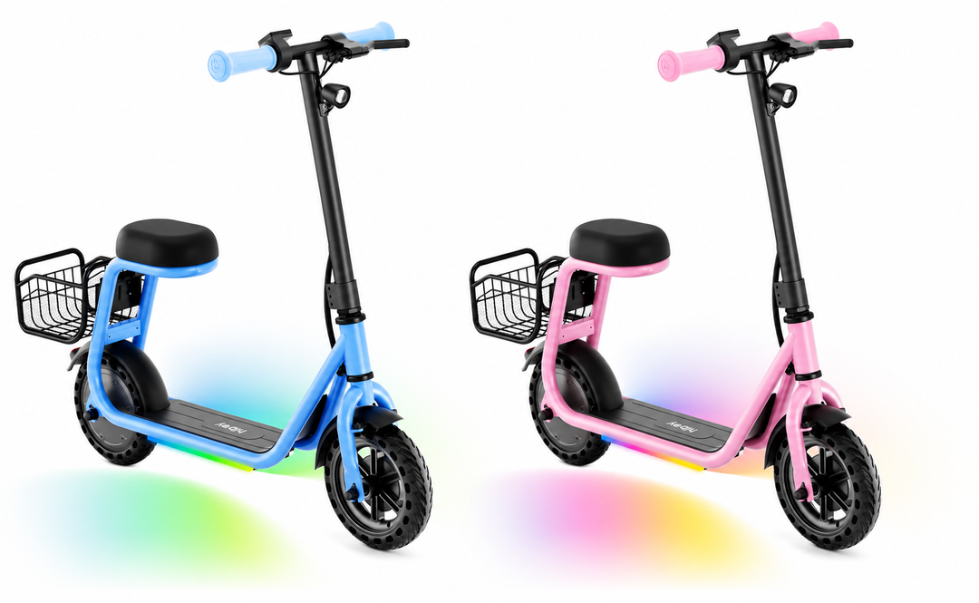 Set Of 2 Hiboy Q2 Lite Electric Scooters with Seat for Kids Ages 410, LED Lights, UL Certified, 9.3 MPH, 100W Motor, Easy Control, Pink And Blue