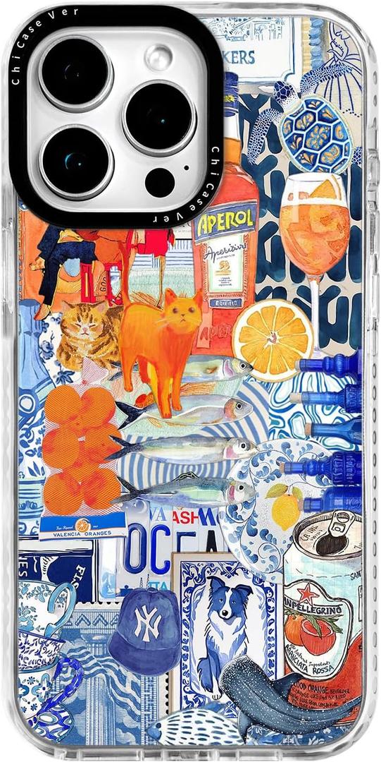 for iPhone 13 Pro Max Case, Mediterranean Aperol Collage Pattern, Military-Grade Drop Protection, Playful Coastal Soft Slim TPU Protective Cover with Camera Protection for Women & Girls
