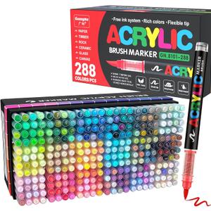 Guangna 288 Acrylic Paint Markers, Brush Tip Acrylic Paint Pens, Quick-Drying Waterproof Ink, for Rock Painting Plastic Wood Canvas Glass Ceramic Metal Art Crafts Supplies Gift