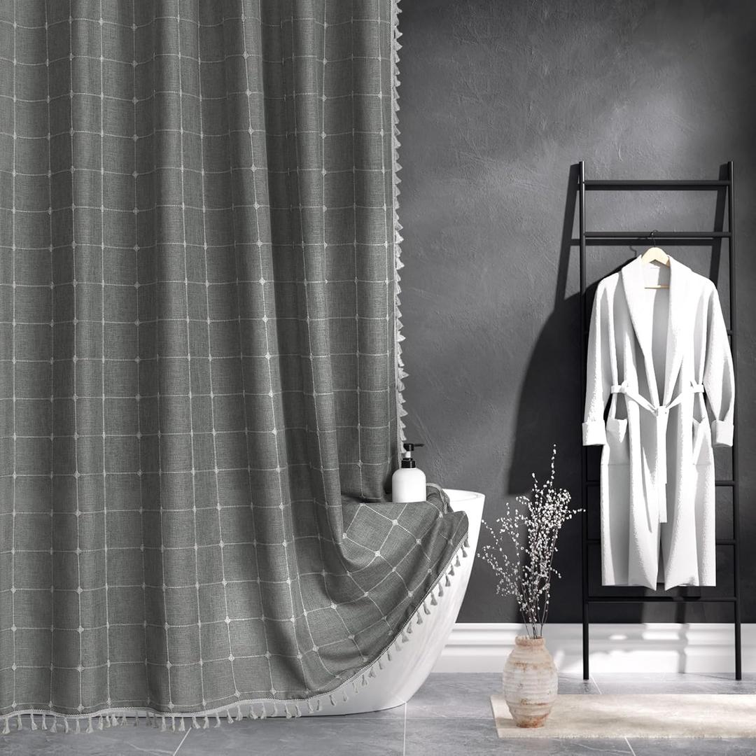 Charcoal Grey Shower Curtain, Boho Farmhouse Linen Textured Heavy Duty Cloth Shower Curtains for Bathroom, Bohemian Chic Modern Vintage Fabric Shower Curtain Set with Tassels,Waterproof, 72x72