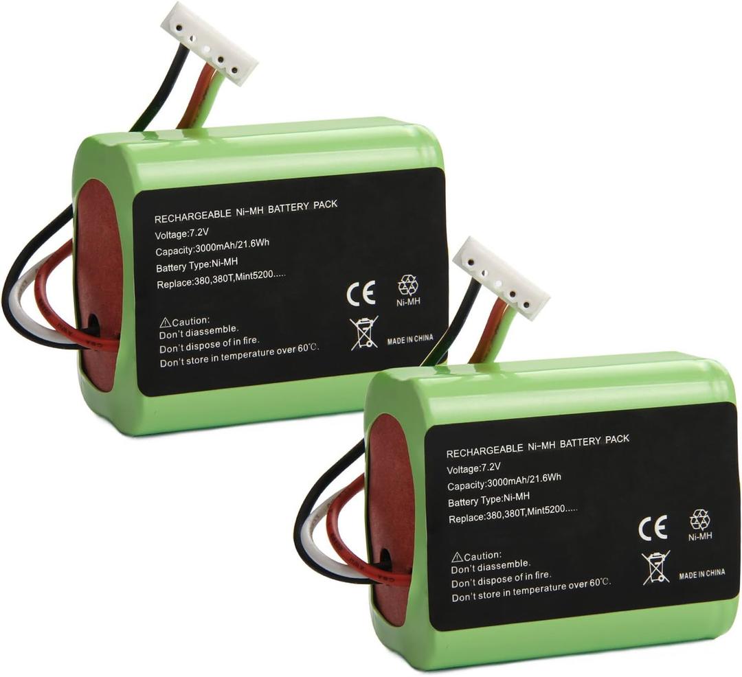 High Capacity 3000mAh 7.2 Volt Replace Battery for Robot Braava 380 380t 390T, Mint5200 5200B 5200C NI-MH Floor Mopping Robots [2XPack]