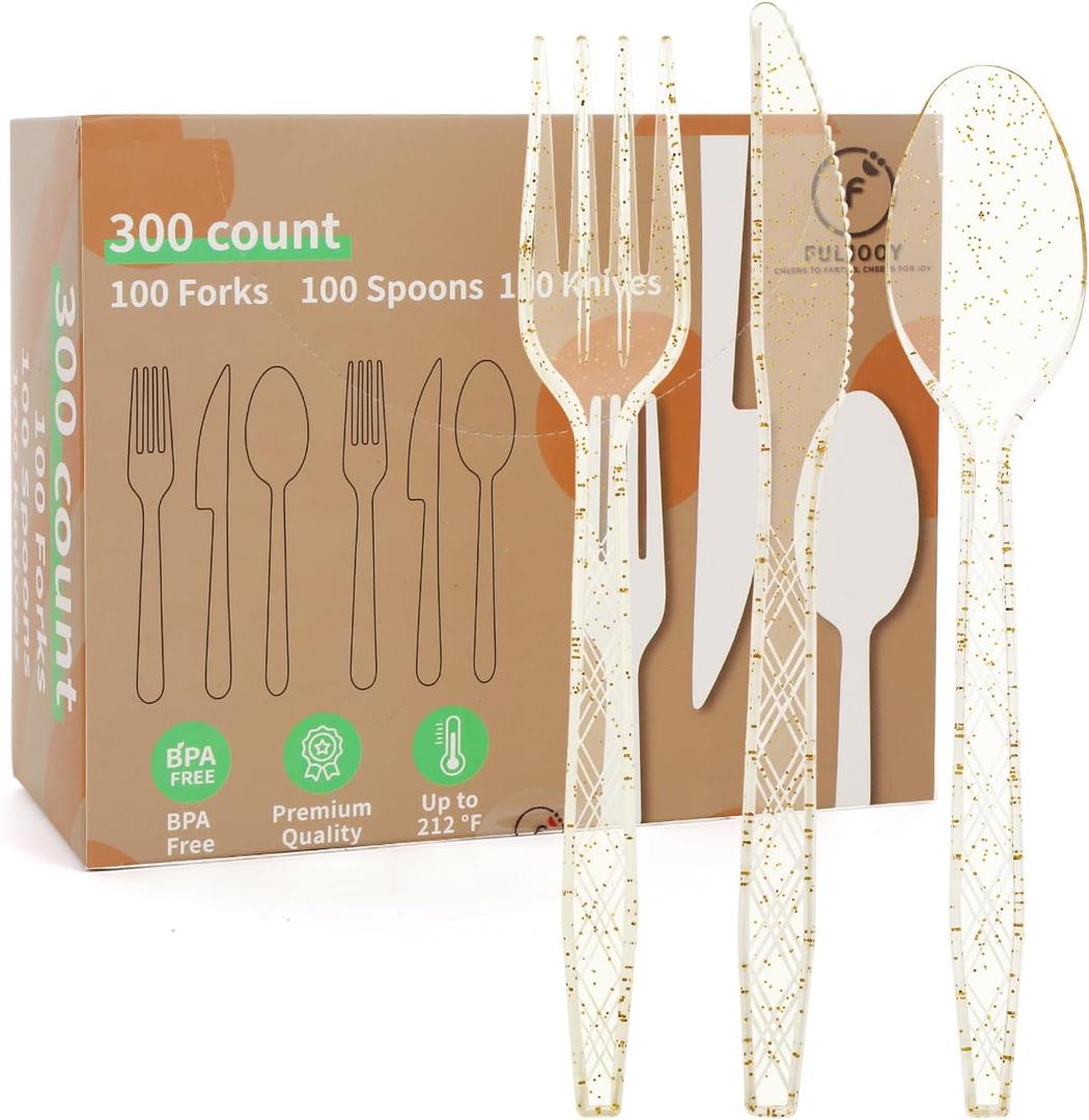 300Pcs Clear Gold Plastic Silverware Heavy Duty Plastic Cutlery Set Disposable Flatware Includes Spoons Forks Knives Utensil Cutlery Set for Wedding Birthday Party Supplies Everyday Use